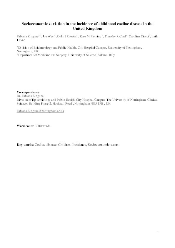 Socioeconomic variation in the incidence of childhood coeliac disease in the UK Thumbnail