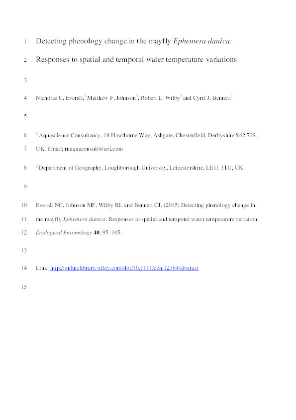 Detecting phenology change in the mayfly Ephemera danica: responses to spatial and temporal water temperature variations Thumbnail