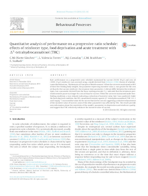 Quantitative analysis of performance on a progressive-ratio schedule: effects of reinforcer type, food deprivation and acute treatment with Δ⁹-tetrahydrocannabinol (THC) Thumbnail