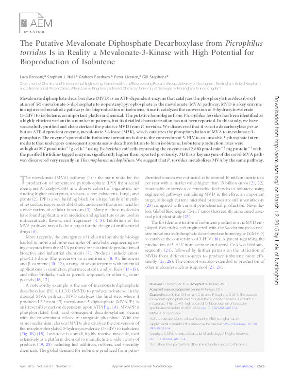 The putative mevalonate diphosphate decarboxylase from Picrophilus torridus is in reality a mevalonate-3-kinase with high potential for bioproduction of isobutene Thumbnail