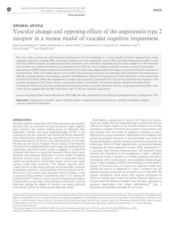 Vascular change and opposing effects of the angiotensin type 2 receptor in a mouse model of vascular cognitive impairment Thumbnail