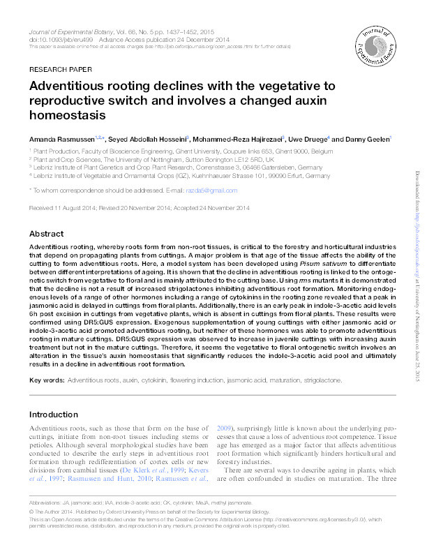 Adventitious rooting declines with the vegetative to reproductive switch and involves a changed auxin homeostasis Thumbnail