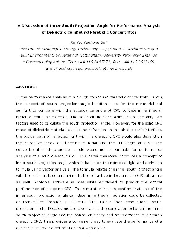 A discussion of inner south projection angle for performance analysis of dielectric compound parabolic concentrator Thumbnail