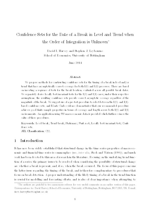 Confidence sets for the date of a break in level and trend when the order of integration is unknown Thumbnail