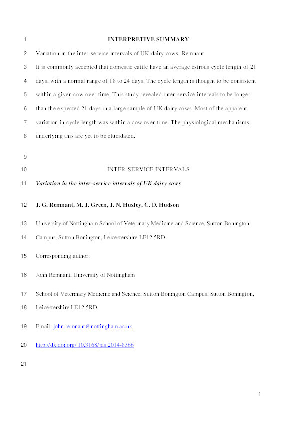 Variation in the inter-service intervals of UK dairy cows Thumbnail