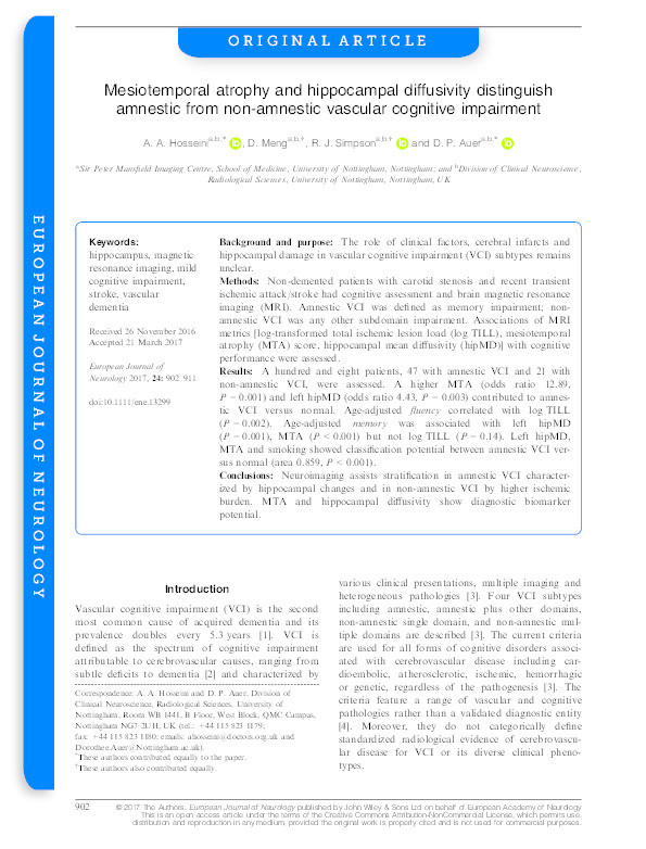 Mesiotemporal atrophy and hippocampal diffusivity distinguish amnestic from non-amnestic vascular cognitive impairment Thumbnail