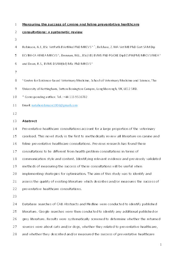 Measuring the success of canine and feline preventative healthcare consultations: a systematic review Thumbnail