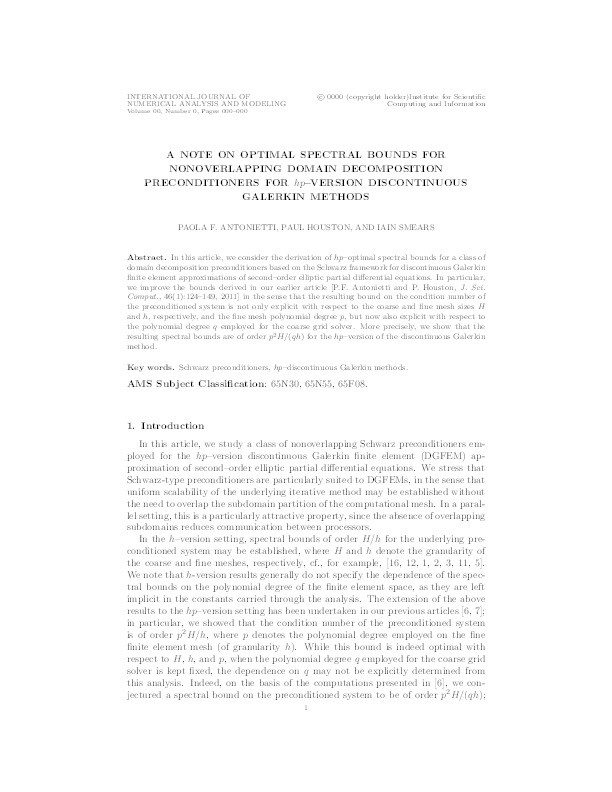 A note on optimal spectral bounds for nonoverlapping domain decomposition preconditioners for hp-version discontinuous Galerkin methods Thumbnail