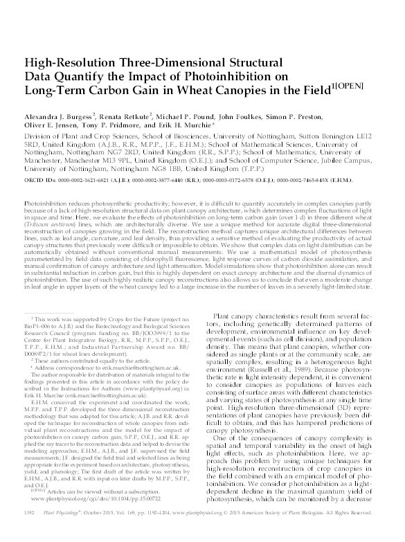 High-Resolution Three-Dimensional Structural Data Quantify the Impact of Photoinhibition on Long-Term Carbon Gain in Wheat Canopies in the Field Thumbnail