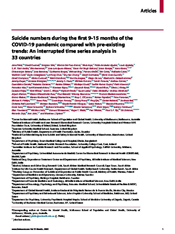 Suicide numbers during the first 9-15 months of the COVID-19 pandemic compared with pre-existing trends: An interrupted time series analysis in 33 countries Thumbnail