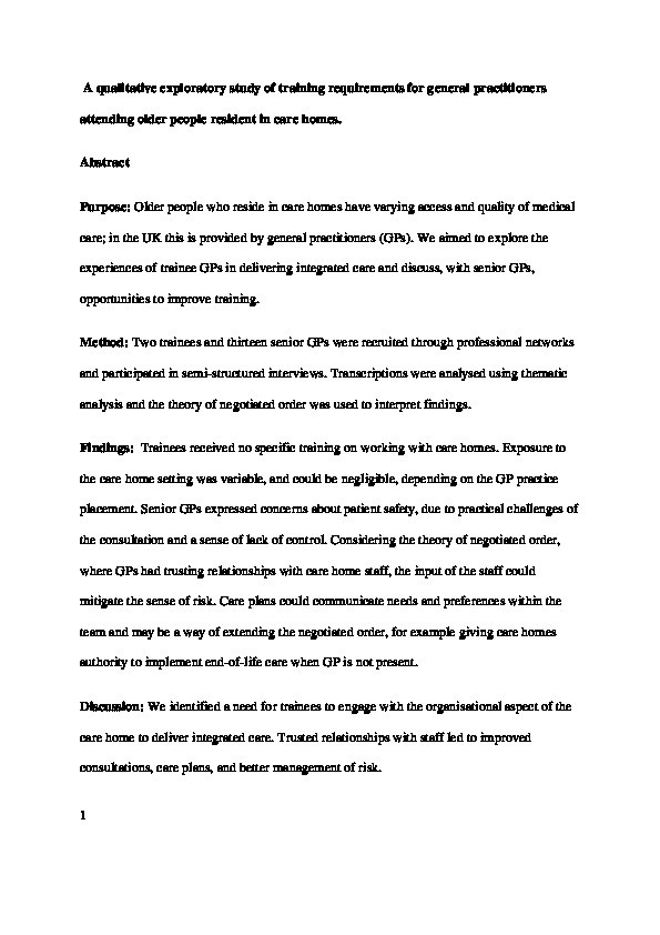 A qualitative exploratory study of training requirements for general practitioners attending older people resident in care homes Thumbnail