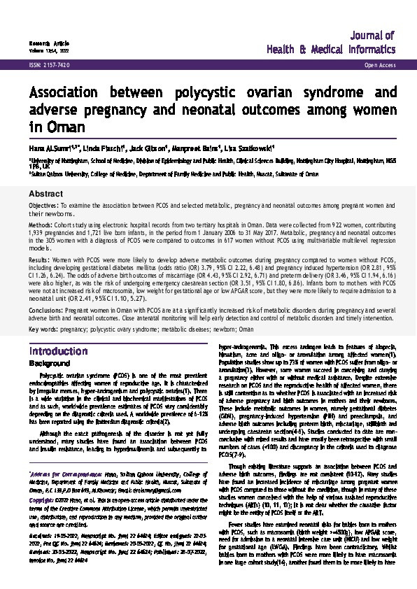 Association between polycystic ovarian syndrome and adverse pregnancy and neonatal outcomes among women in Oman Thumbnail