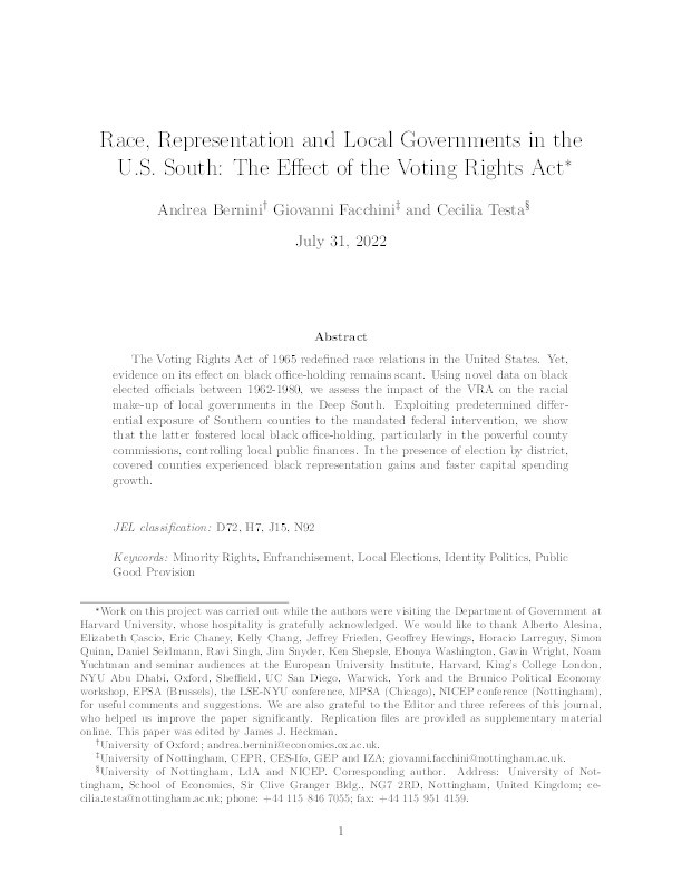 Race, Representation, and Local Governments in the US South: The Effect of the Voting Rights Act Thumbnail