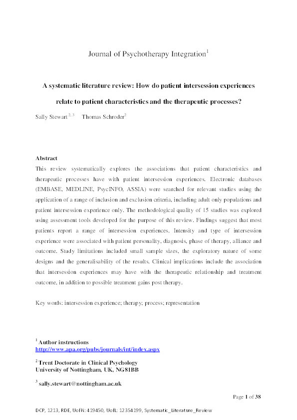 Emotional homework: a systematic literature review of patients’ intersession experiences Thumbnail