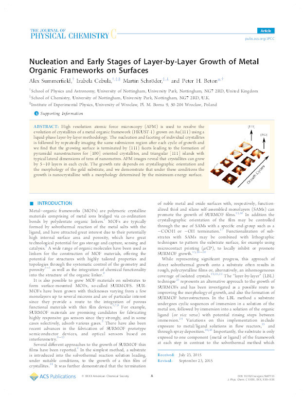 Nucleation and Early Stages of Layer-by-Layer Growth of Metal Organic Frameworks on Surfaces Thumbnail