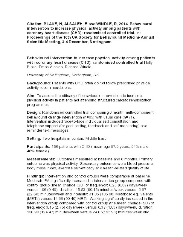 Behavioural intervention to increase physical activity among patients with coronary heart disease (CHD): randomised controlled trial Thumbnail