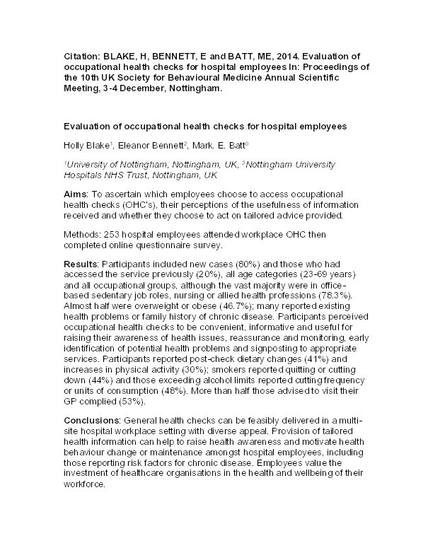 Evaluation of occupational health checks for hospital employees Thumbnail