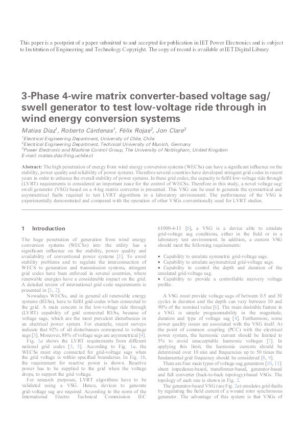 3-Phase 4-wire matrix converter-based voltage sag/ swell generator to test low-voltage ride through in wind energy conversion systems Thumbnail