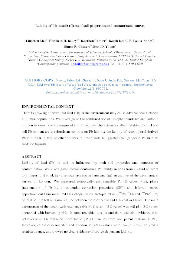 Lability of Pb in soil: effects of soil properties and contaminant source Thumbnail