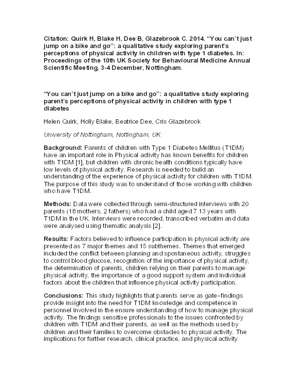 “You can’t just jump on a bike and go”: a qualitative study exploring parents’ perceptions of physical activity in children with type 1 diabetes Thumbnail