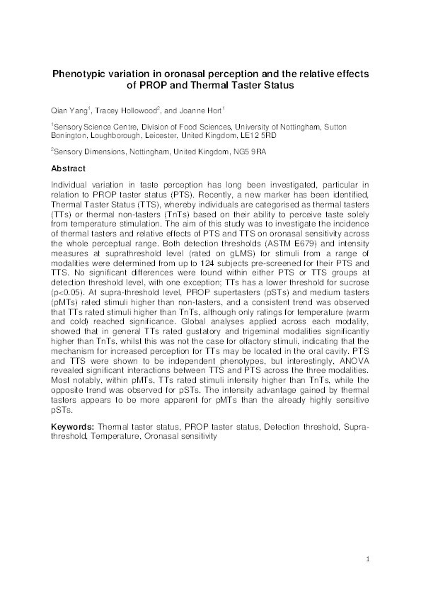 Phenotypic variation in oronasal perception and the relative effects of PROP and Thermal Taster Status Thumbnail