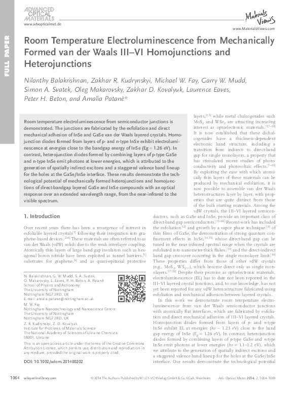 Room Temperature Electroluminescence from Mechanically Formed van der Waals III-VI Homojunctions and Heterojunctions Thumbnail