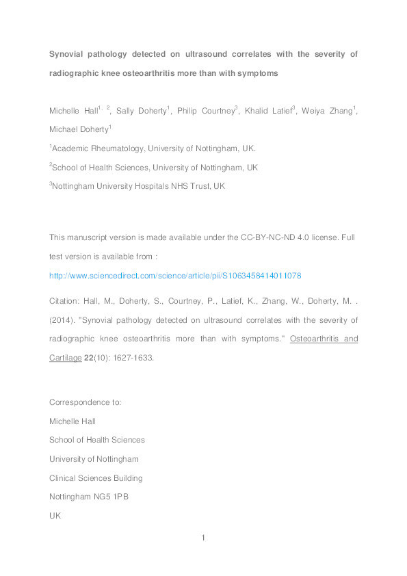Synovial pathology detected on ultrasound correlates with the severity of radiographic knee osteoarthritis more than with symptoms Thumbnail