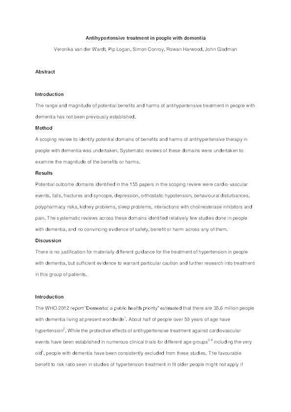 Antihypertensive treatment in people with dementia Thumbnail