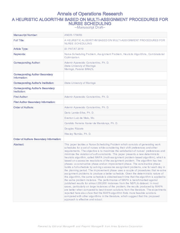 A heuristic algorithm based on multiassignment procedures for nurse scheduling Thumbnail