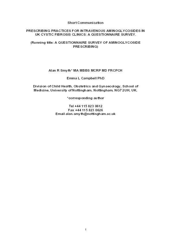 Prescribing practices for intravenous aminoglycosides in UK cystic fibrosis clinics: a questionnaire survey Thumbnail