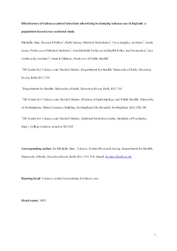 Effectiveness of tobacco control television advertising in changing tobacco use in England: a population‐based cross‐sectional study Thumbnail