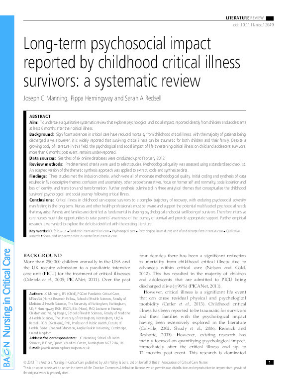 Long-term psychosocial impact reported by childhood critical illness survivors: a systematic review Thumbnail