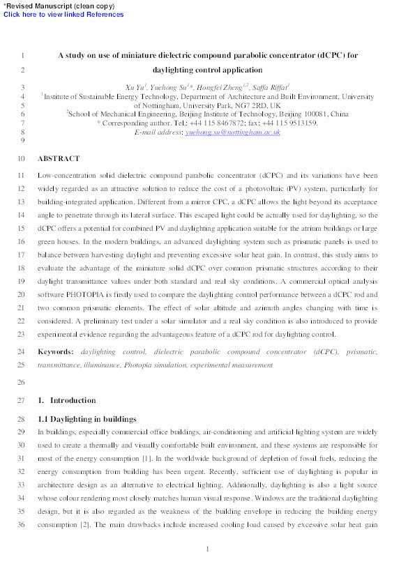 A study on use of miniature dielectric compound parabolic concentrator (dCPC) for daylighting control application Thumbnail