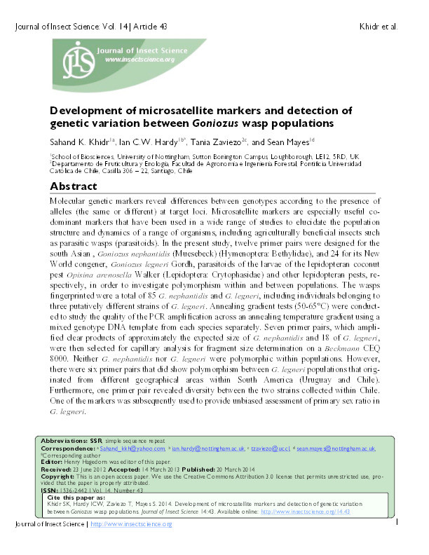 Development of microsatellite markers and detection of genetic variation between Goniozus wasp populations Thumbnail