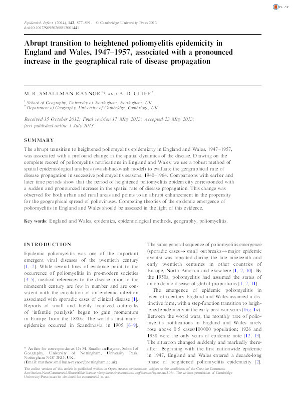 Abrupt transition to heightened poliomyelitis epidemicity in England and Wales, 1947–1957, associated with a pronounced increase in the geographical rate of disease propagation Thumbnail