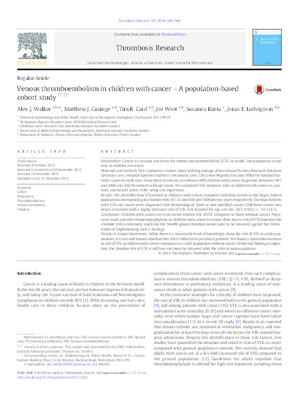 Venous thromboembolism in children with cancer – a population-based cohort study Thumbnail