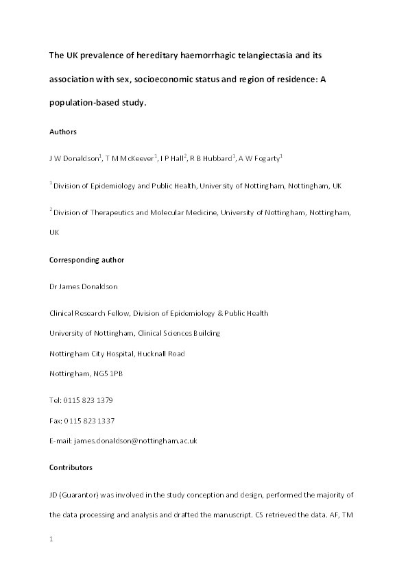 The UK prevalence of hereditary haemorrhagic telangiectasia and its association with sex, socioeconomic status and region of residence: a population-based study Thumbnail