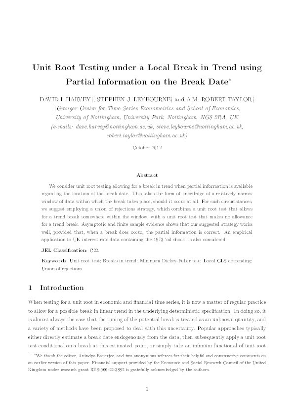 Unit Root Testing under a Local Break in Trend using Partial Information on the Break Date* Thumbnail