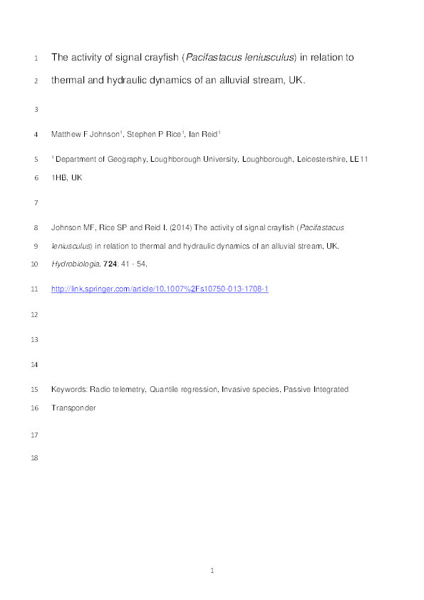 The activity of signal crayfish (Pacifastacus leniusculus) in relation to thermal and hydraulic dynamics of an alluvial stream, UK Thumbnail