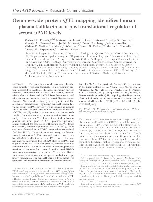 Genome-wide protein QTL mapping identifies human plasma kallikrein as a post-translational regulator of serum uPAR levels Thumbnail