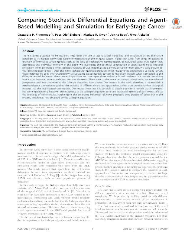 Comparing stochastic differential equations and agent-based modelling and simulation for early-stage cancer Thumbnail