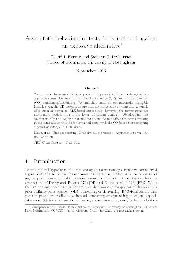 Asymptotic behaviour of tests for a unit root against an explosive alternative Thumbnail