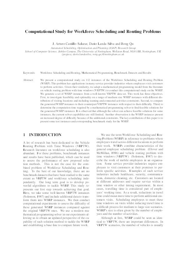 Computational study for workforce scheduling and routing problems Thumbnail