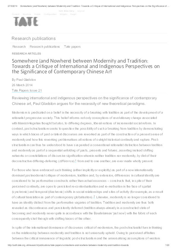 Somewhere (and nowhere) between modernity and tradition: towards a critique of international and indigenous perspectives on the significance of contemporary Chinese art Thumbnail