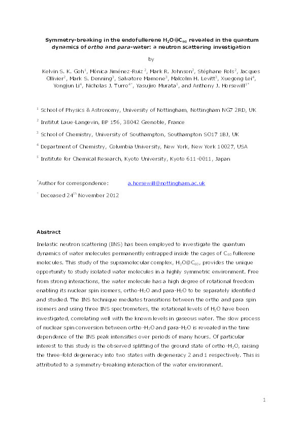 Symmetry-breaking in the endofullerene H2O@C60 revealed in the quantum dynamics of ortho and para-water: a neutron scattering investigation Thumbnail