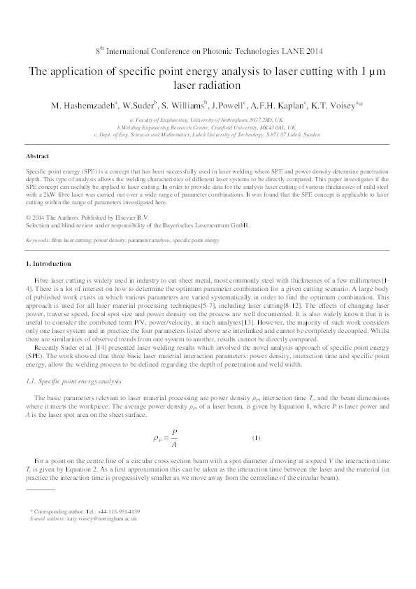 The application of specific point energy analysis to laser cutting with 1 μm laser radiation Thumbnail