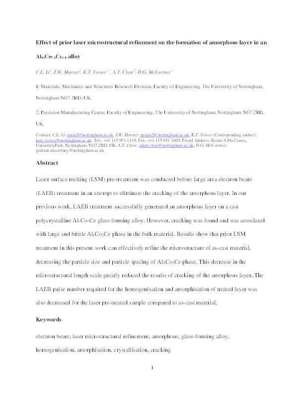 Effect of prior laser microstructural refinement on the formation of amorphous layer in an Al86Co7.6Ce6.4 alloy Thumbnail