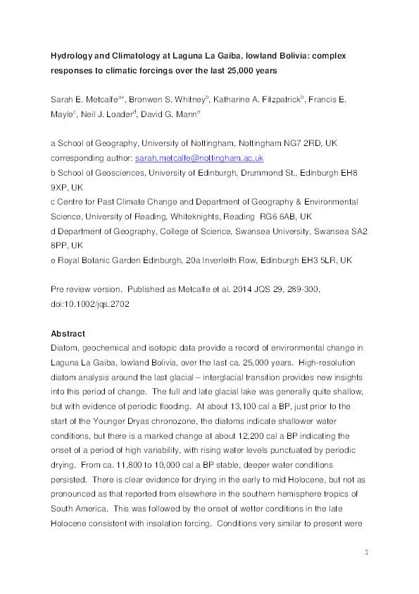 Hydrology and climatology at Laguna La Gaiba, lowland Bolivia: complex responses to climatic forcings over the last 25,000 years Thumbnail