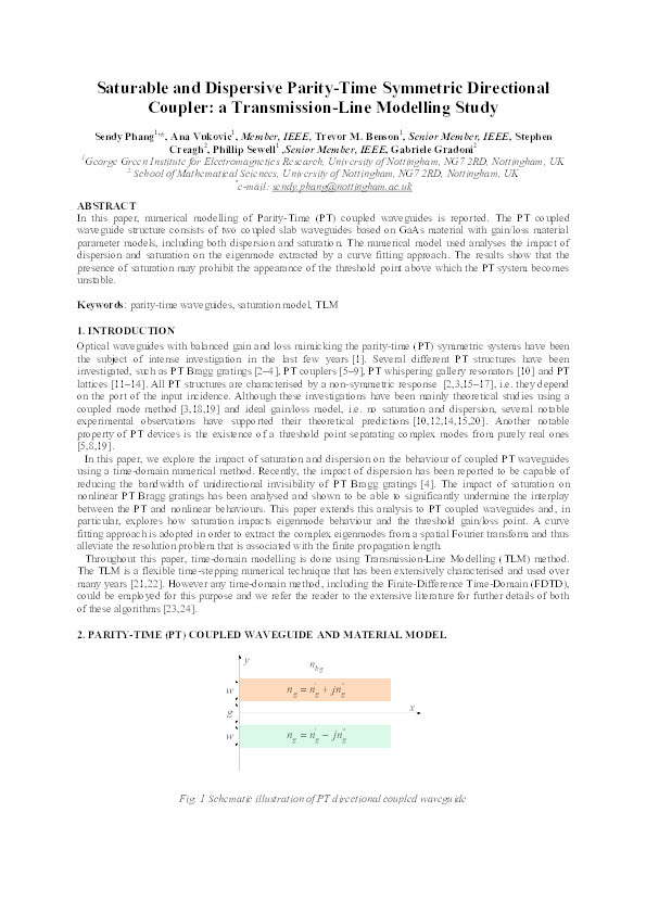 Saturable and dispersive parity-time symmetric directional coupler: a transmission-line modelling study Thumbnail