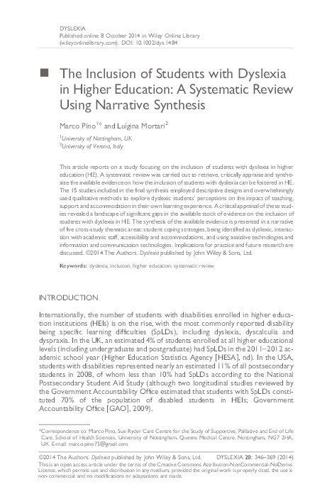 The inclusion of students with dyslexia in higher education: a systematic review using narrative synthesis Thumbnail